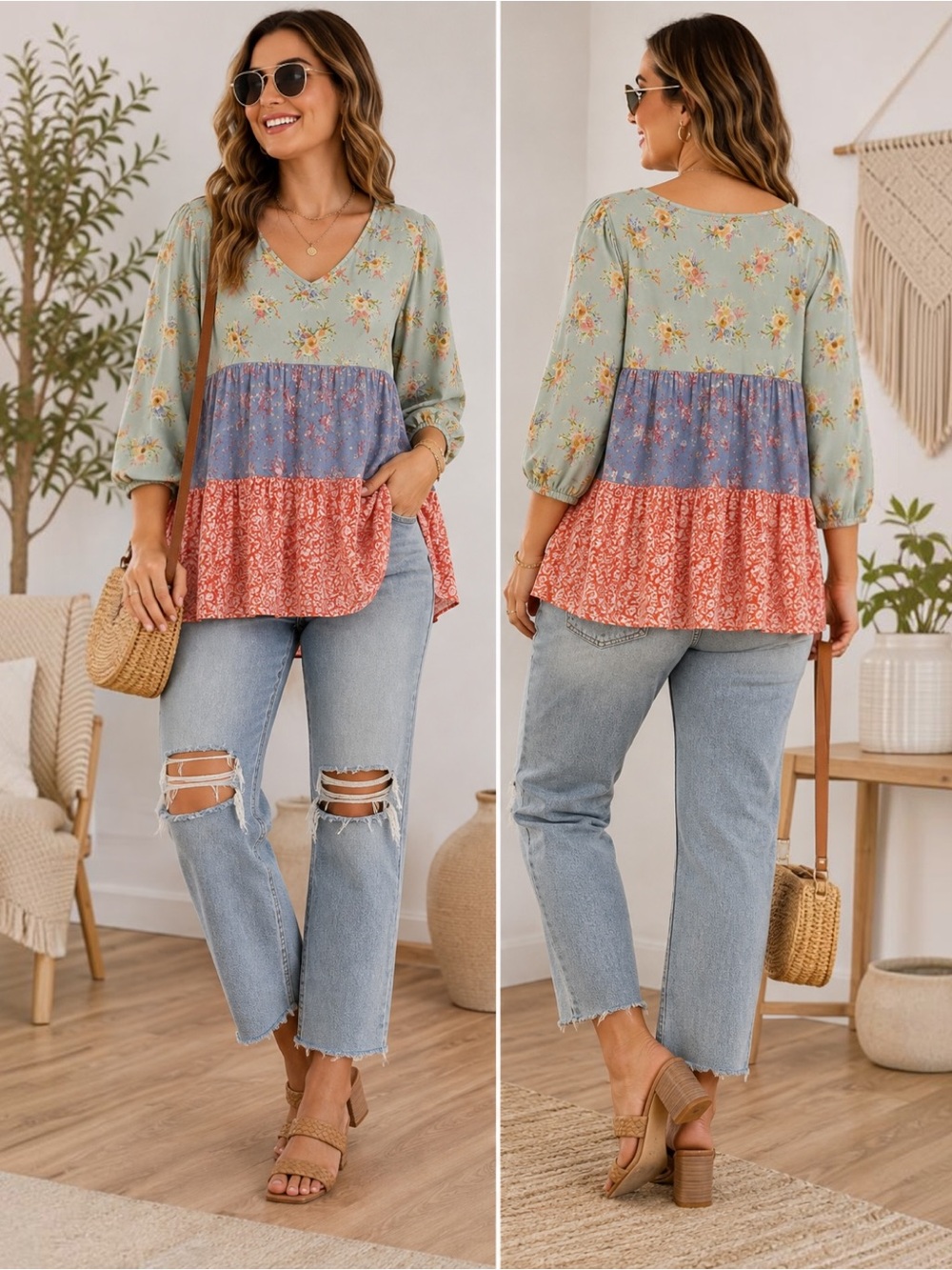 ODDI 2XL Floral Tiered Babydoll Blouse Boho Peasant Balloon Sleeve Made USA